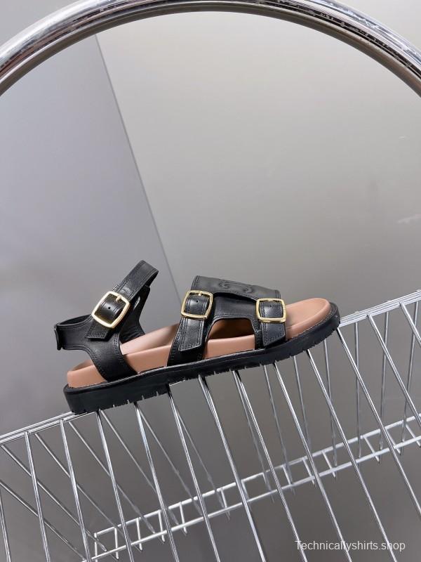 2025 Women Celine Black Leather Sandals Buckle KFY00280