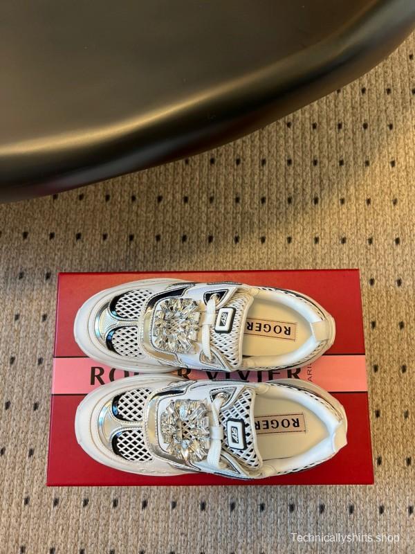 2025 Women Roger Vivier White Black Leather Synthetic Fabric Sneakers KFY00380