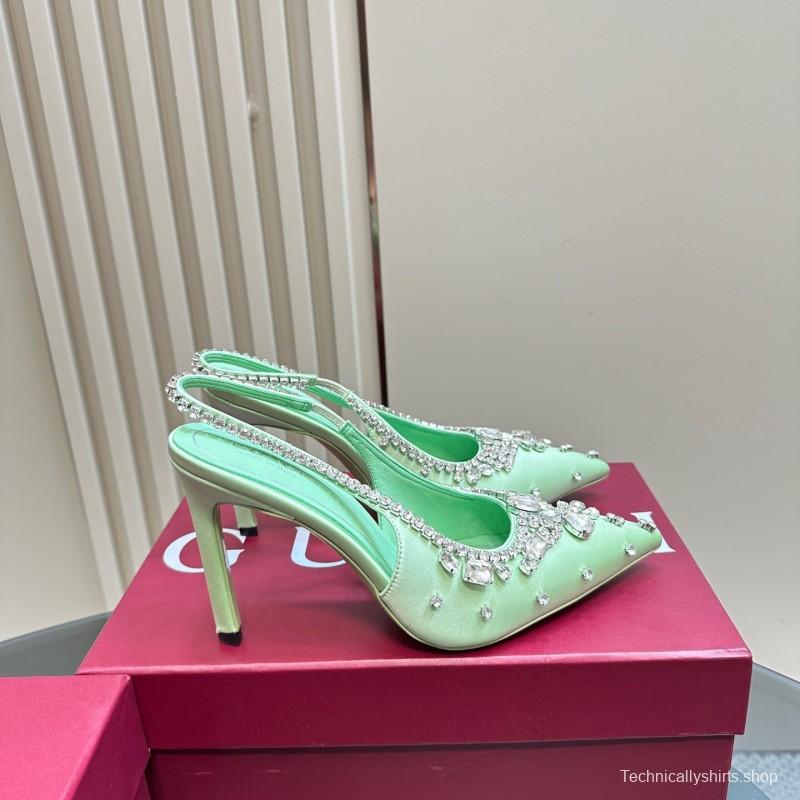 2025 Women Gucci Green Satin Slingback High Heel Crystal Embellished KFY00340