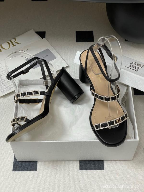 2025 Women Dior Black Leather Crystal Embellished High Heel Sandals