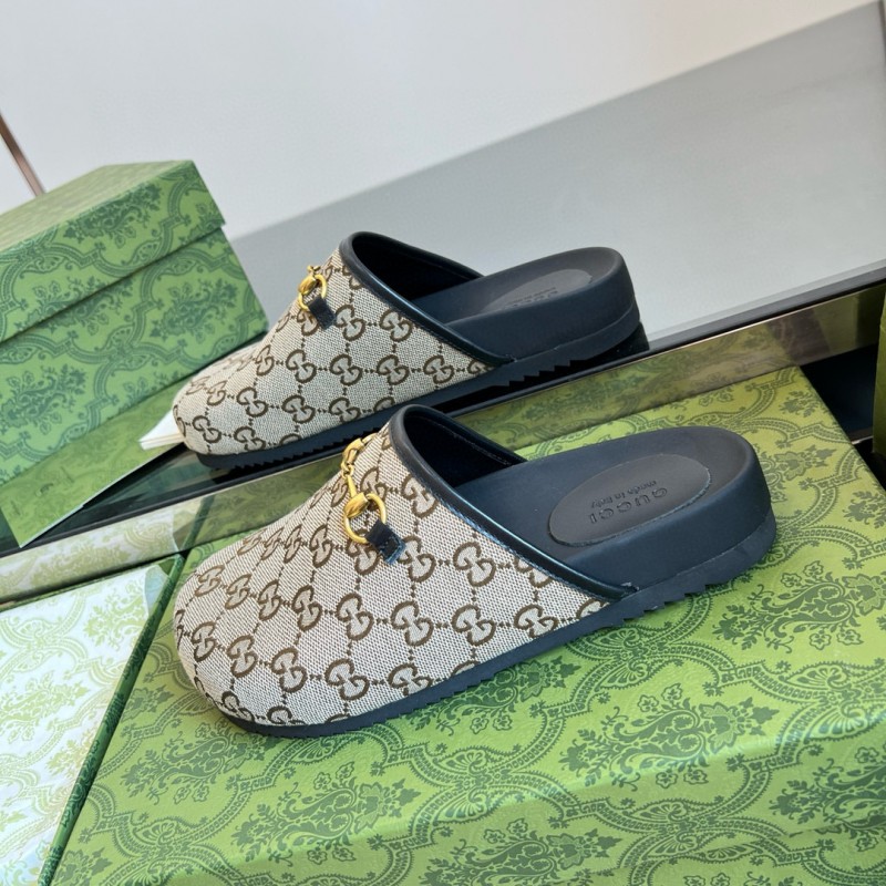 2024 Slippers Gucci Beige Brown Leather GG Pattern MJ00280