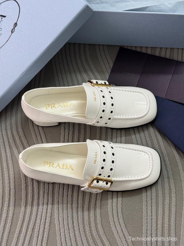 2025 Women Prada White Leather Loafers KFY00320