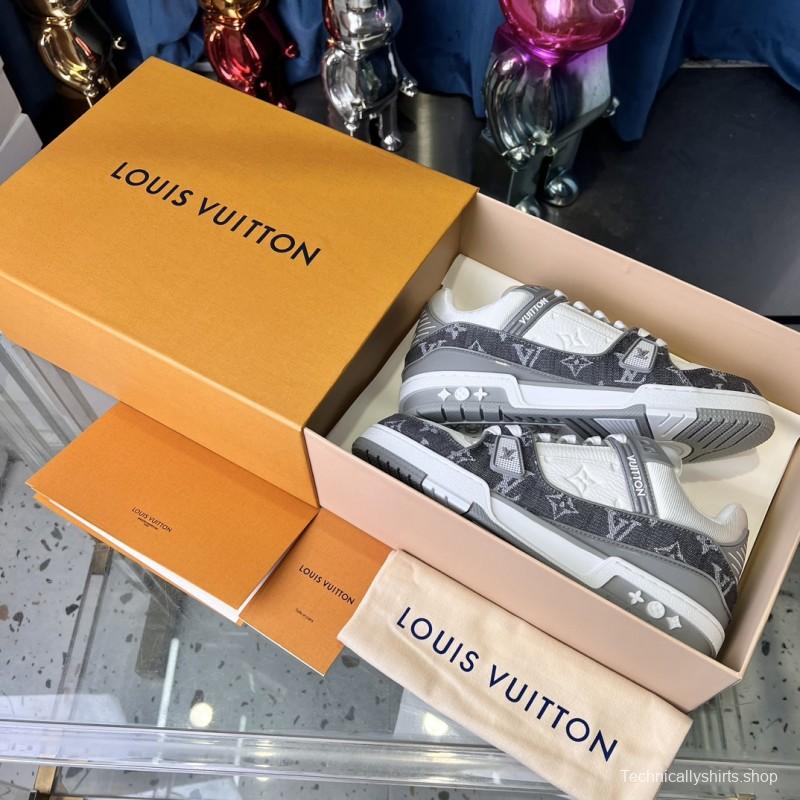 2025 Unisex Louis Vuitton Grey White Canvas Leather Sneakers