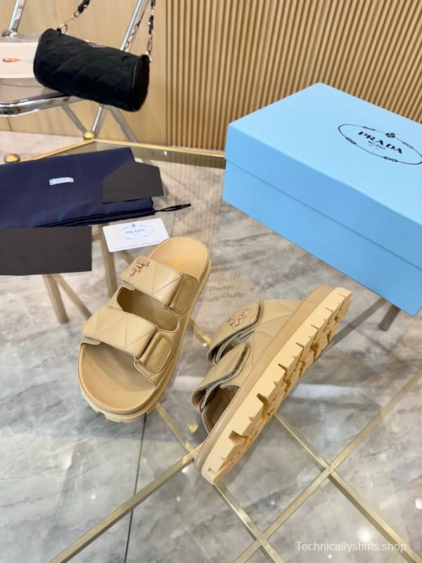 2025 Women Prada Beige Leather Sandals LY00270