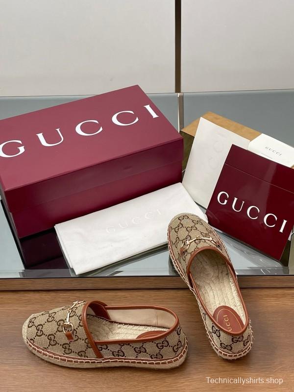 2025 Women Gucci Brown Canvas Leather Loafers Horsebit LY00200