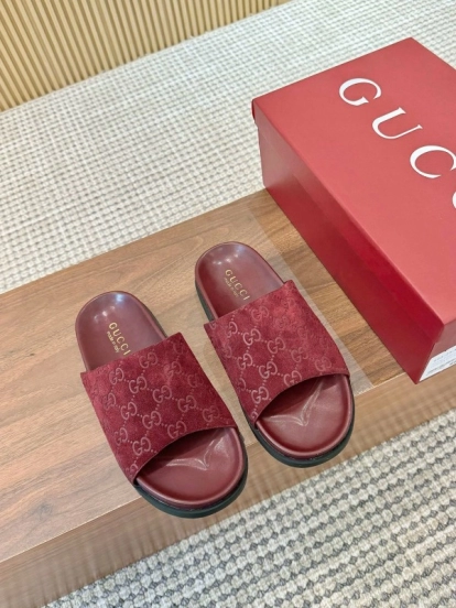 2025 Women Gucci Red Suede Leather Slippers