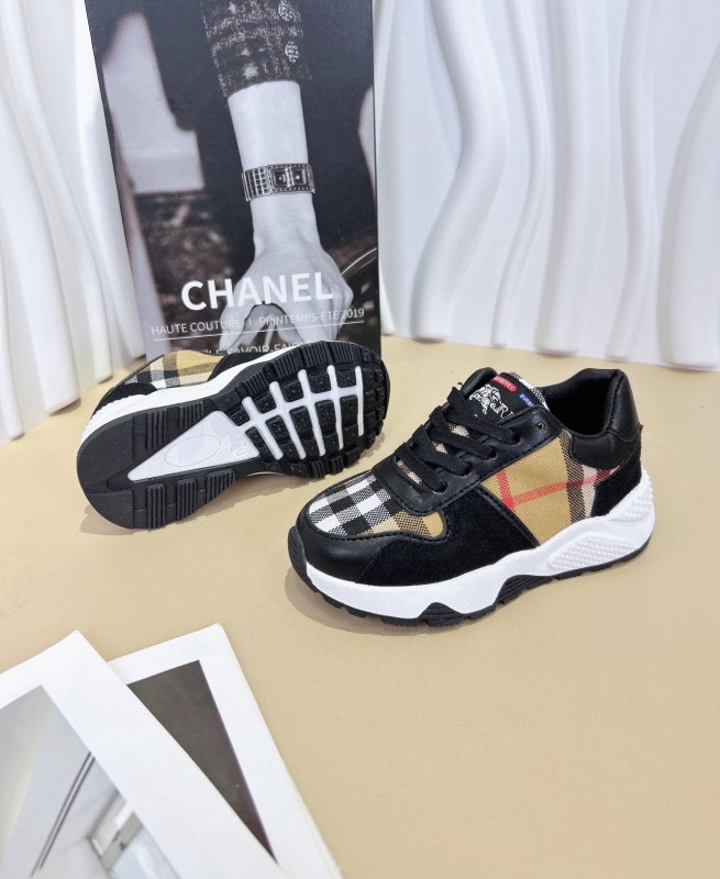 2024 Kids BURBERRY Beige White Black Leather Fabric Sneakers