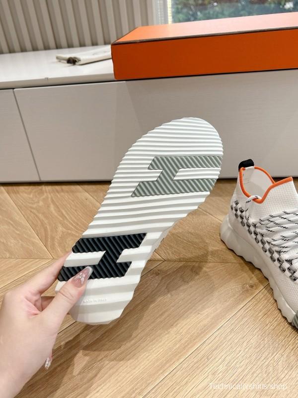 2024 Unisex Hermès White Black Orange Knit Sneakers