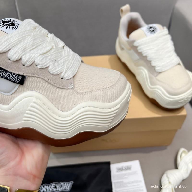 2025 Unisex HEYDAY Beige White Canvas Leather Wave Bread Sneakers KFY00260