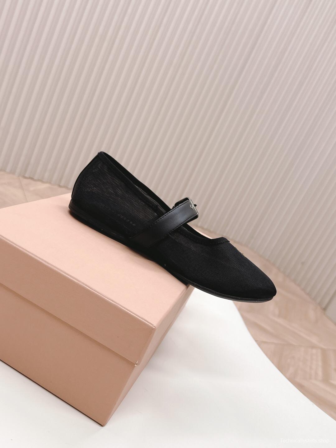 2025 Women Miu Miu Black Mesh Leather Ballet Flats LY00230
