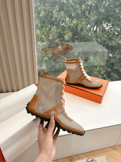 2025 Women Hermès Beige Brown Leather Mesh Boots