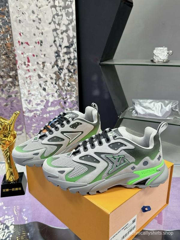 2025 Men Louis Vuitton Green Grey Mesh Leather Sneakers MJ00420
