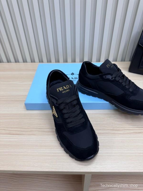 2025 Women Prada Black Suede Nylon Sneakers LY00300