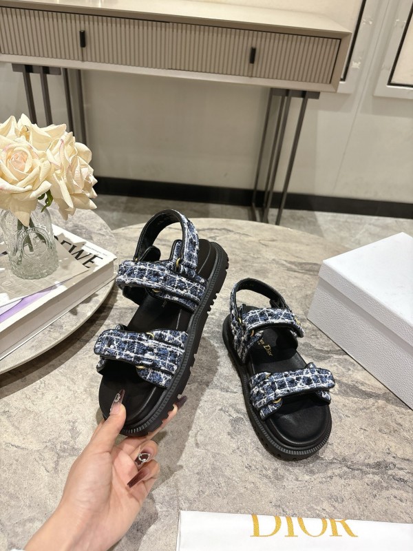 2025 Women Dior Black Blue White Fabric Leather Sandals KFY00300