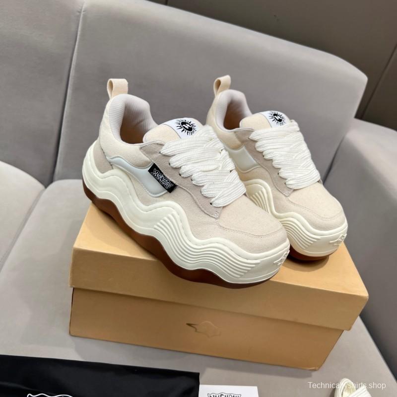 2025 Unisex HEYDAY Beige White Canvas Leather Wave Bread Sneakers KFY00260