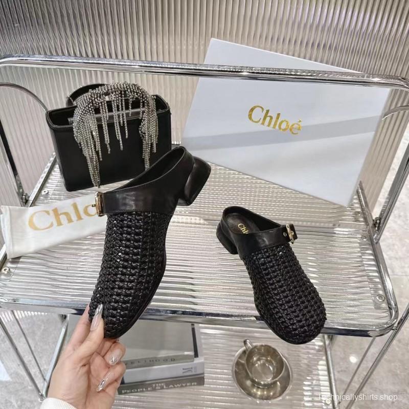 2025 Women Chloé Black Leather Woven Slippers