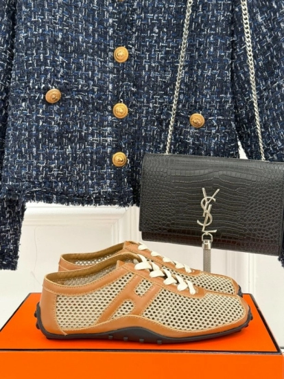 2025 Women Hermès Beige Brown Leather Mesh Casual Shoes