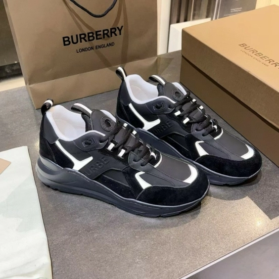2025 Unisex Burberry Black White Leather Suede Sneakers MJ00380