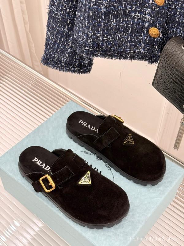 2025 Women Prada Black Suede Slippers