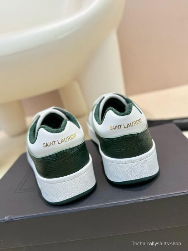 2024 Unisex Yves Saint Laurent White Dark Green Leather Silk Cowhide SL61 Casual Shoes Perforation MJ00350