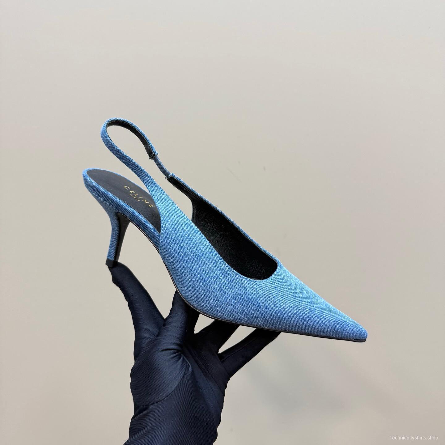 2025 Women CELINE Blue Denim Slingback Heels