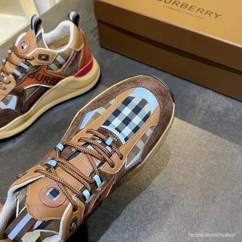 2025 Unisex Burberry Brown Beige Suede Leather Mesh Sneakers Checked Pattern MX00380