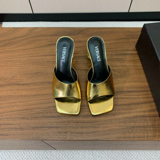 2025 Women VERSACE Gold Leather Heeled Sandals