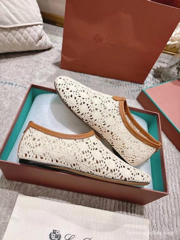 2025 Women LP Beige Brown Leather Crochet Ballet Flats