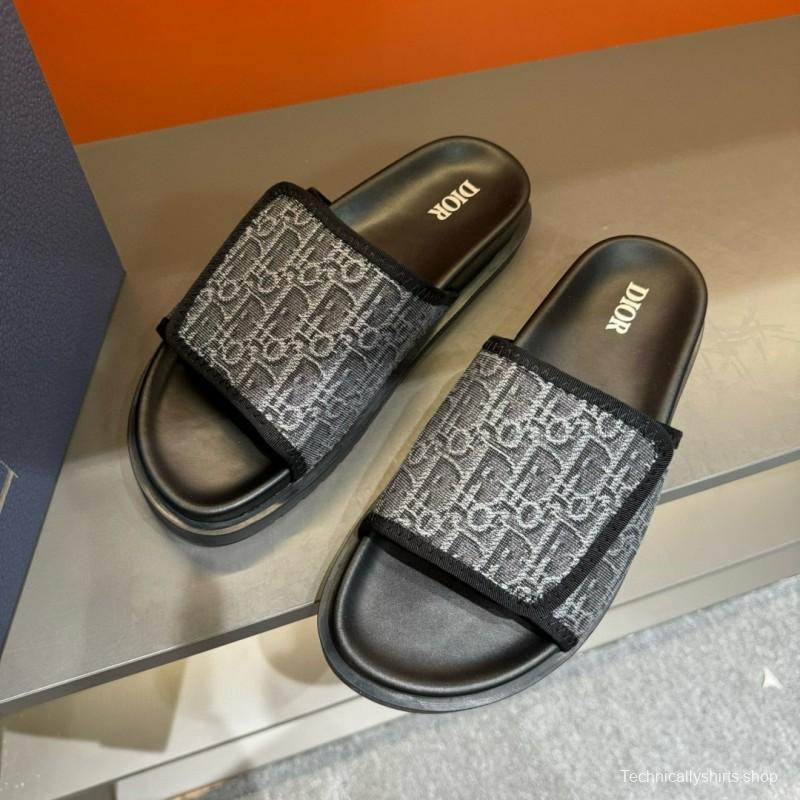 2024 Dior black grey canvas leather Slippers MJ00180