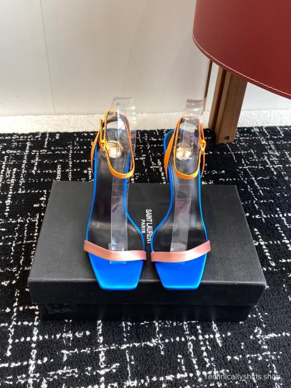 2025 Women Yves Saint Laurent Blue Orange Pink Leather Suede High Heel Sandals