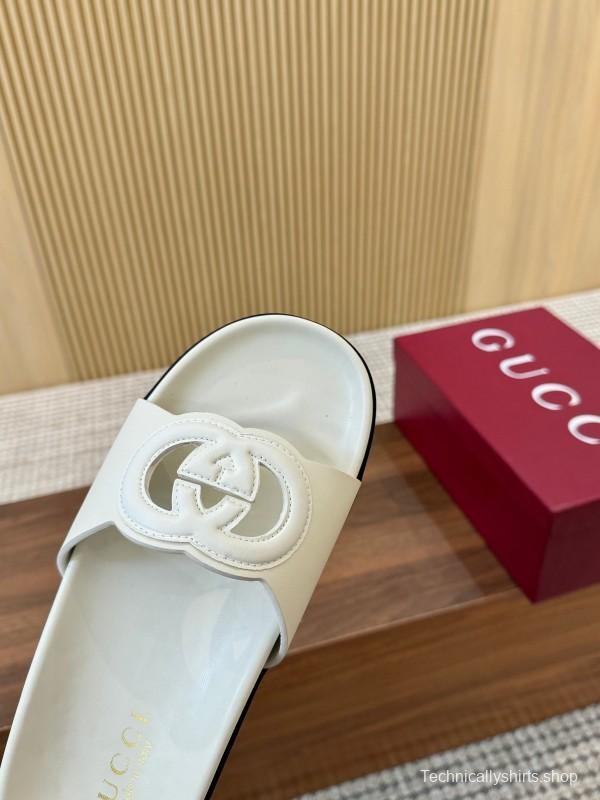 2025 Women Gucci White Leather Slippers GG Logo LY00230