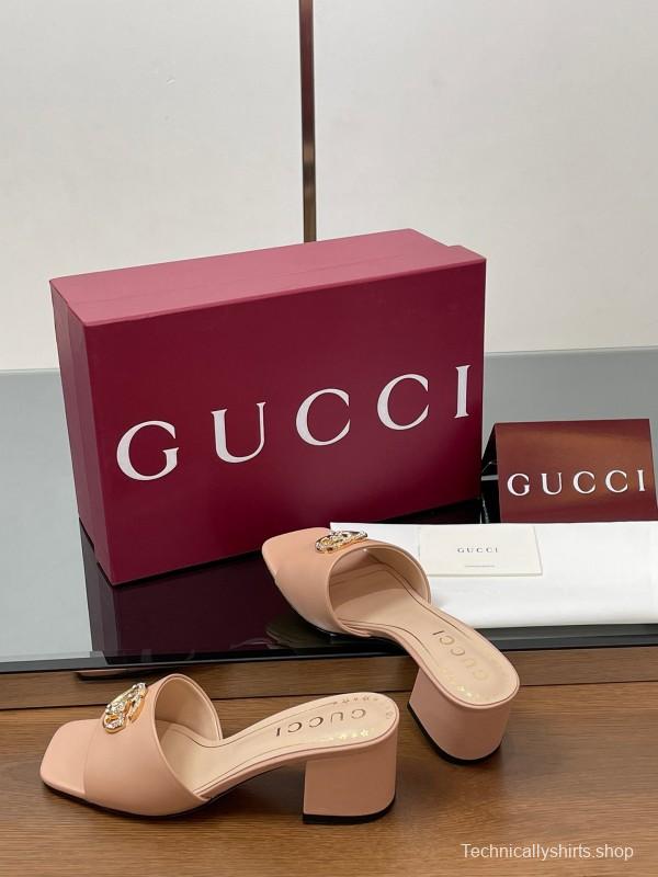 2025 Women Gucci Pink Leather Slippers GG Crystal Buckle LY00280