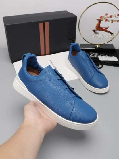 2024 Men Ermenegildo Zegna Blue Leather Low Top Sneakers MJ00240