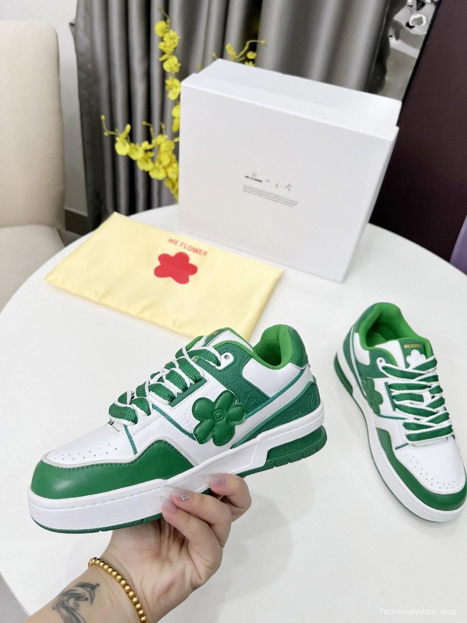 2025 Unisex WEFLOWER Green White Leather Sneakers LY00280