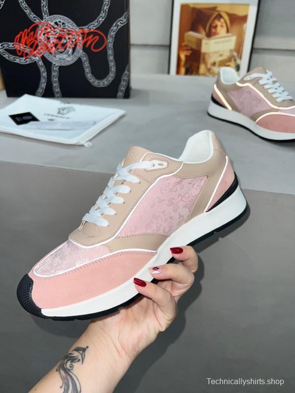 2025 Women VERSACE Pink Beige Suede Leather Sneakers Embroidery LY00320