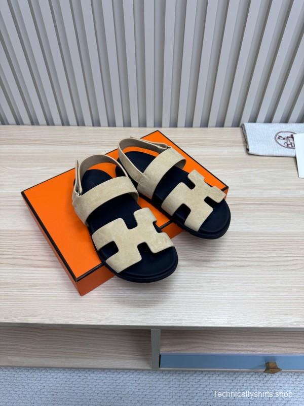 2025 Slippers Hermès Beige Black Suede Leather Sandals