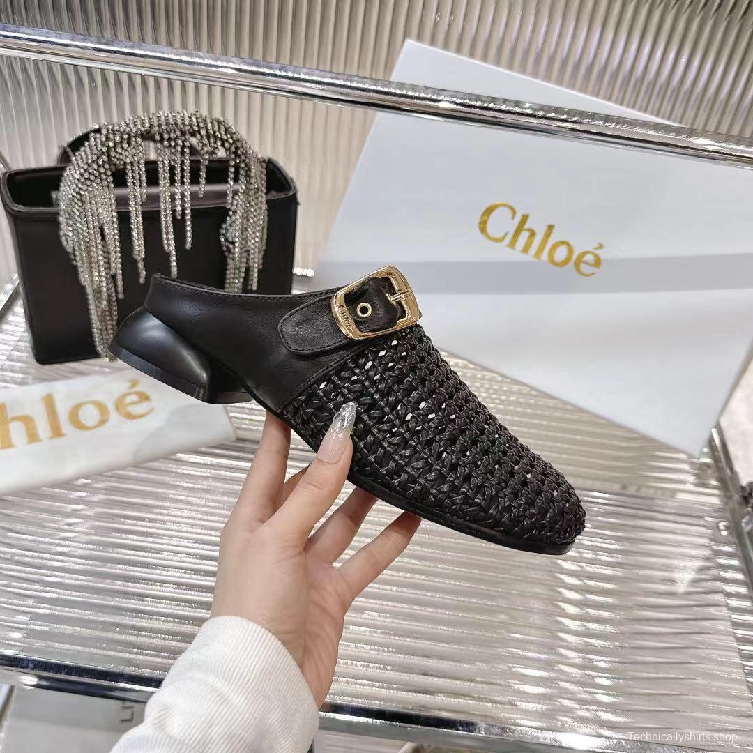2025 Women Chloé Black Leather Woven Slippers