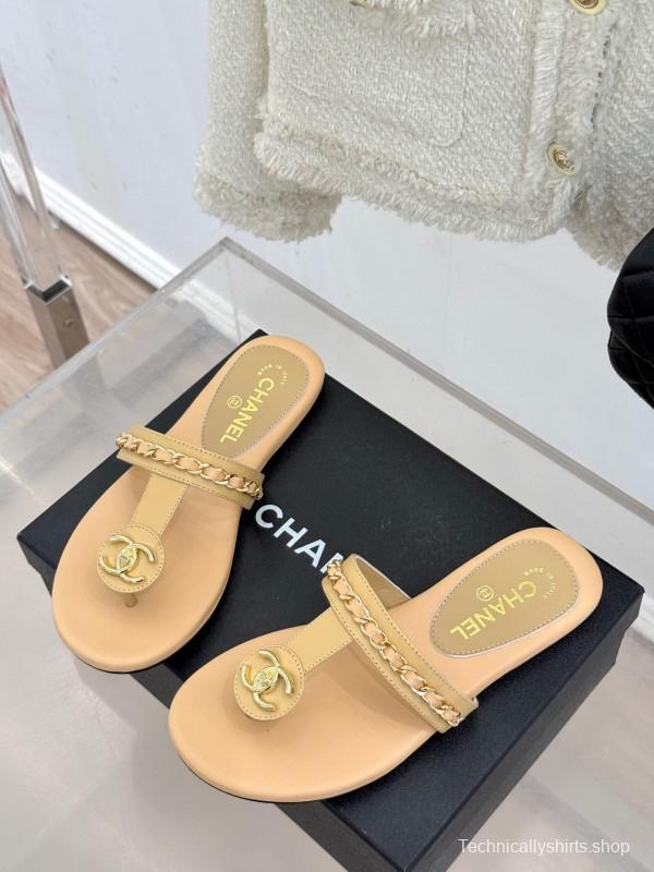 2025 Women Chanel Beige Lambskin Chain Toe Post Sandals KFY00250