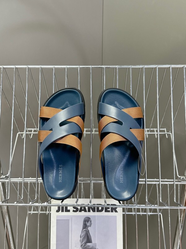 2025 Slippers Hermès Blue Brown Leather Slippers