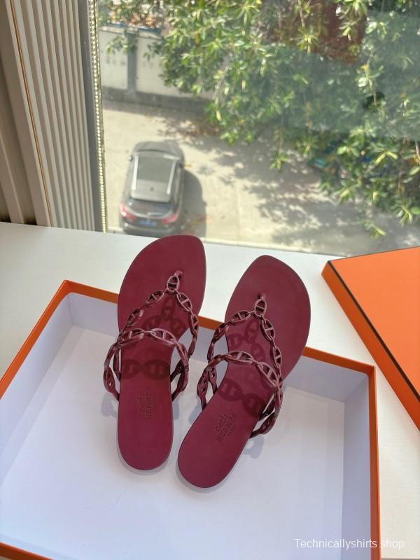 2025 Women Hermès Burgundy Leather Chain Strap Sandals G059 (F)