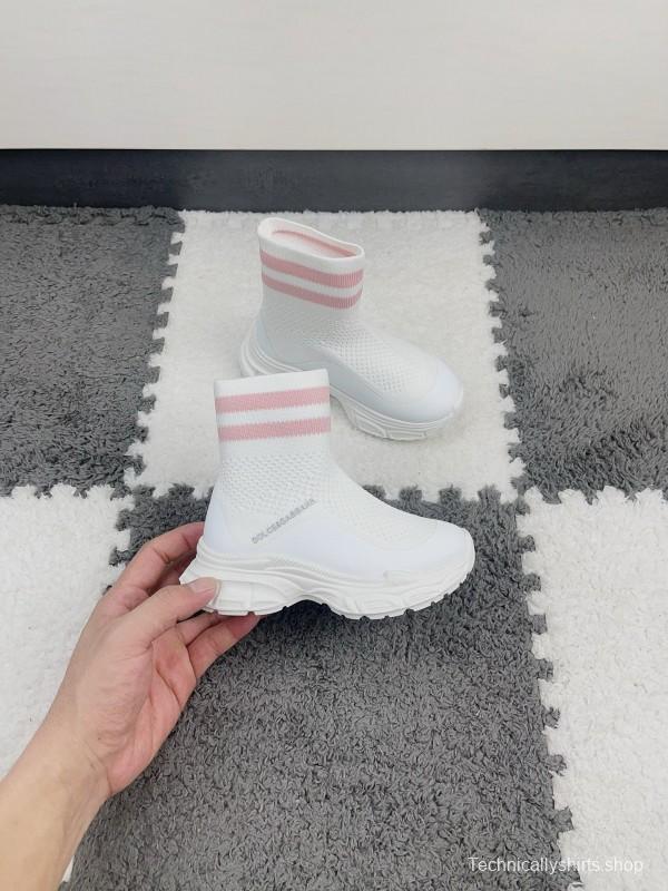 2024 Kids Dolce & Gabbana White Pink Black Knit Fabric Sneaker
