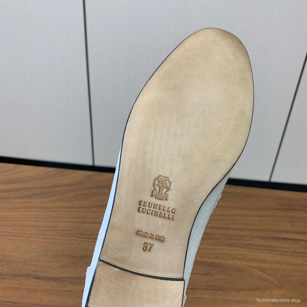 2025 Women Brunello Cucinelli White Suede Loafers Handcrafted Bead Chain Detail LY00360 (F)