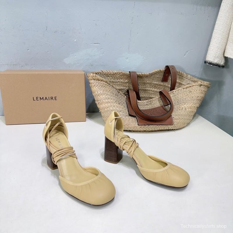 2025 Women LEMAIRE Pale Yellow Lambskin Mary Jane Heeled Shoes