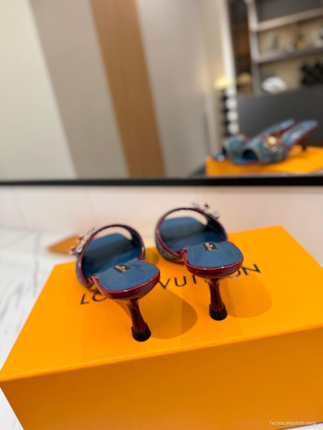 2025 Women Louis Vuitton Blue Denim Leather Mules