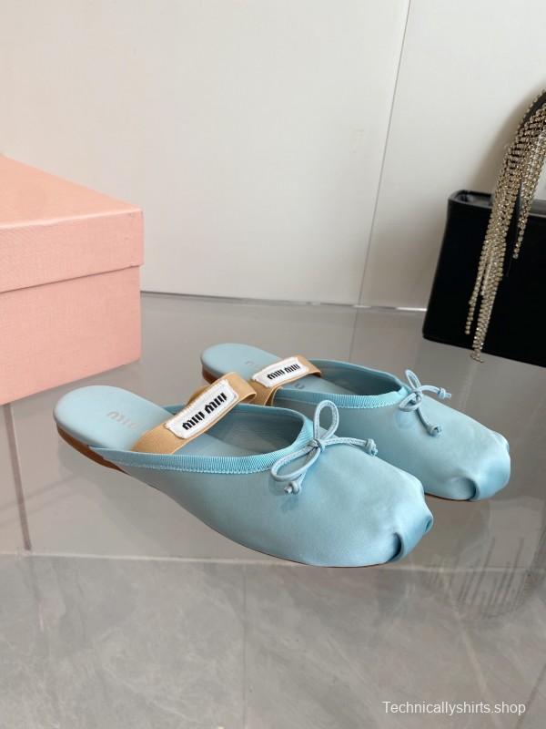 2025 Women Miu Miu Light Blue Satin Slip-On Ballet Flats KFY00280
