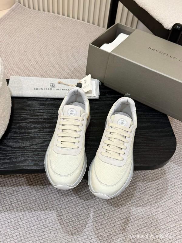 2025 Men Brunello Cucinelli Black Ivory Blue Almond Calfskin Leather Sneakers AS00320