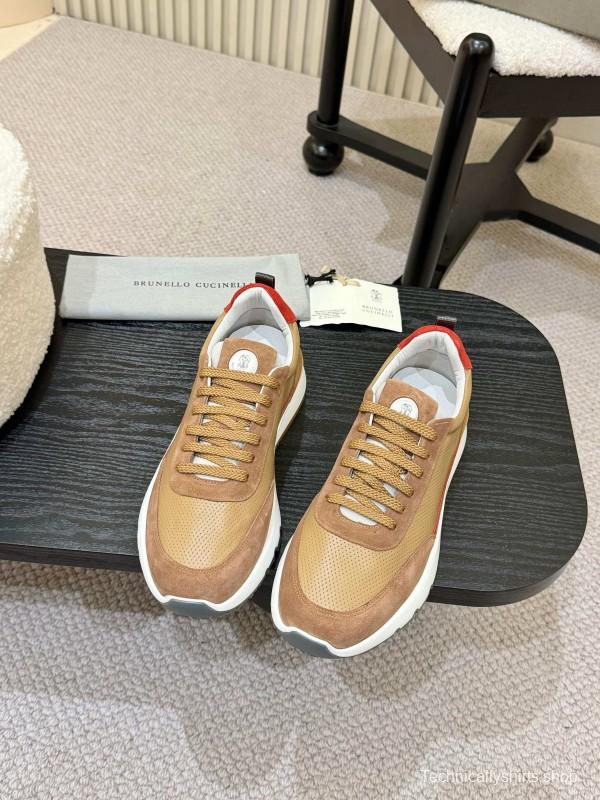 2025 Unisex Brunello Cucinelli Beige Brown Red Calfskin Mesh Sneakers AS00320