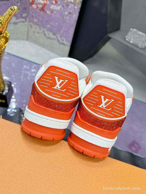 2025 Unisex Louis Vuitton Orange White Leather Plimsolls Handcrafted Rhinestones AS00400