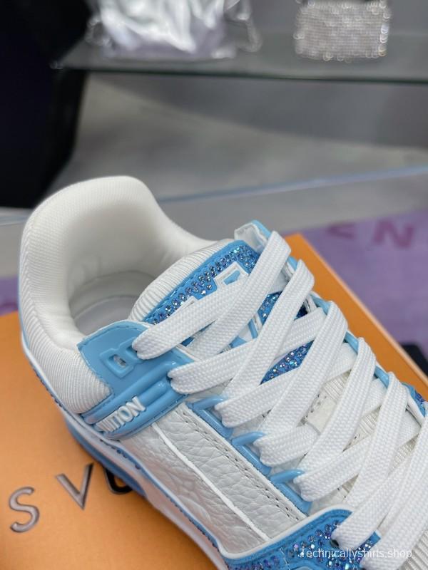 2025 Unisex Louis Vuitton Light Blue White Leather Denim Plimsolls Hand Drilled AS00400