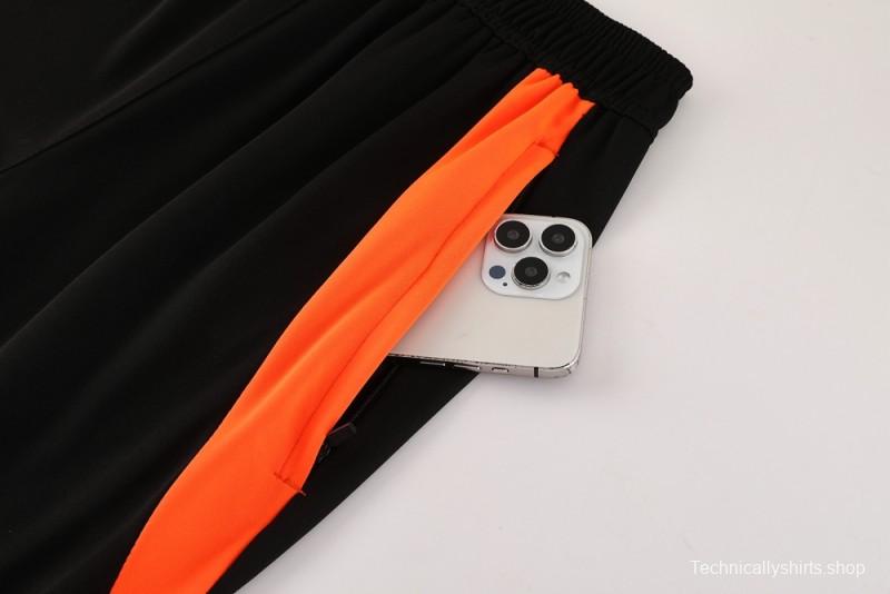 2025 Adidas Dark Grey & Black with Leopard Print Pattern and Orange Accents Half Zipper Jacket +Long Pants